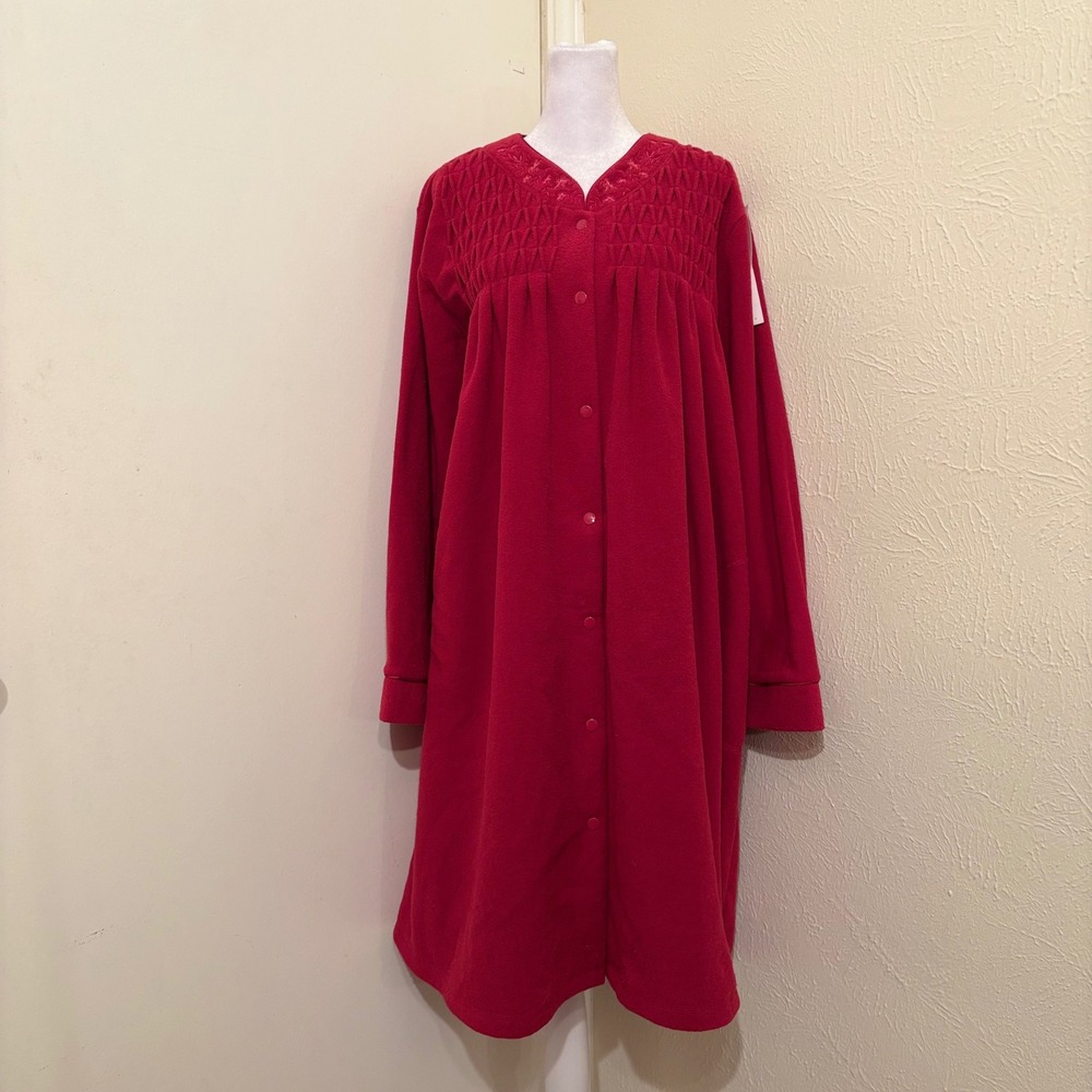 NWT Miss Elaine Red Fleece Nightgown Smocked Floral Embroidered Button Front